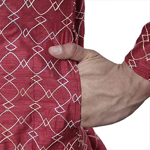 Image of SOJANYA (Since 1958 Men's Silk Blend NavyBlue Kurta with Multi Color Embroidery and Off-White Pyjama