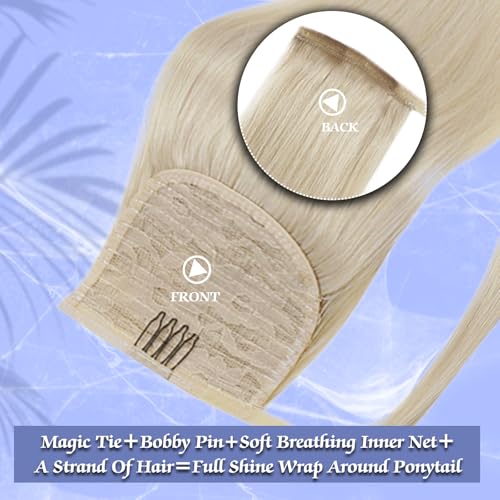 Image of Full Shine Pony Tail Extensions Real Human Hair, White Blonde, Length Style