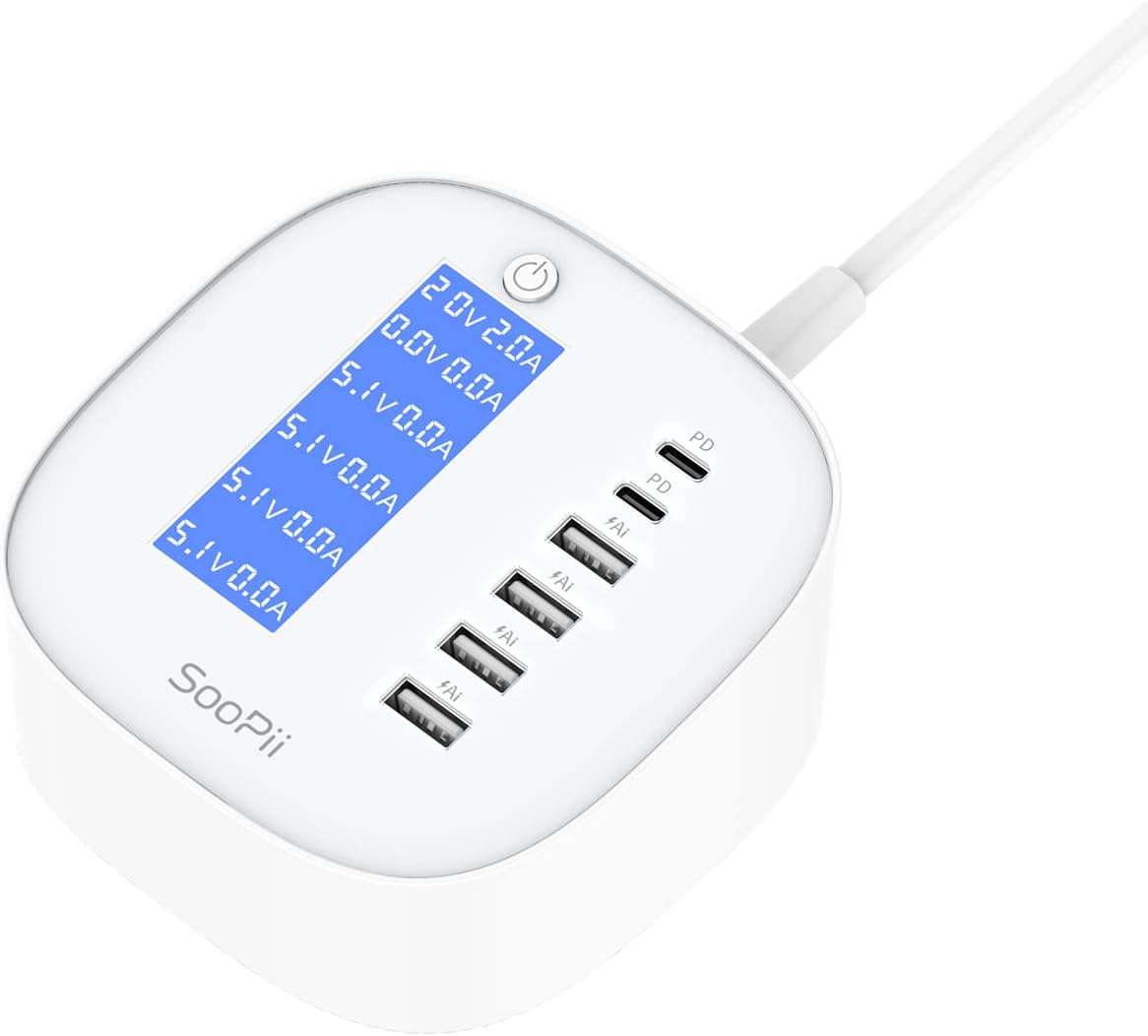 SooPii USBC Charger 65W,6 Port USB Charging Station with Realtime LCD