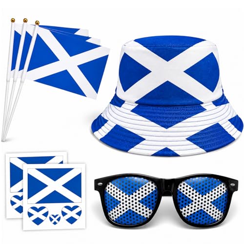 Scotland Fan Set 7 PCS - Scotland Bucket Hat Saltire Sunglasses 3 Handheld Flags 2 Tattoo Stickers - Patriotic Supporter Kit for Men Women Match Day