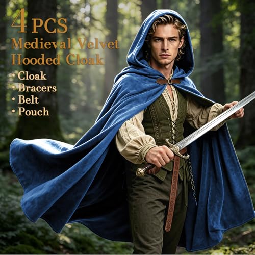 Image of Renaissance Hooded Cloak Set for Men Women Medieval Costume for Halloween