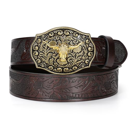 JASGOOD - JASGOOD Men Leather Western Cowboy Belt Engraved Longhorn Buckle Belt for Men Women Cowgirl Western Belt for Jeans,Coffee - -14%