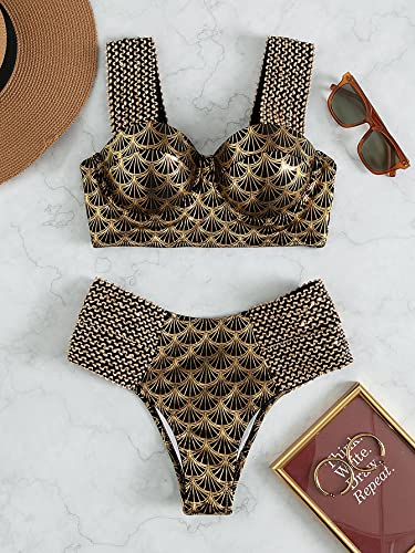 WDIRARA Women's Metallic Print Wide Strap Cheeky Bottom Push Up 2 Piece Set Bikini Swimsuit3