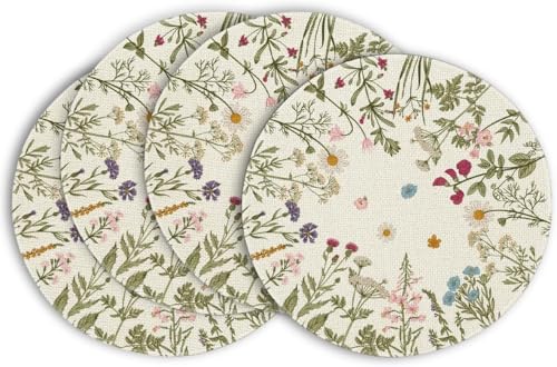 Round Placemats Set of 4 14 Inch Quilted Cloth Table Mats for Dining Table Decoration Antique Herbs Wild Flowers Lace Mats Washable Fabric Place Mats for Indoor and Outdoor Use