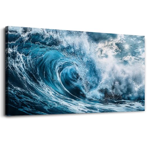 ERQINHUA Blue Wave Canvas Wall Paintings Wall Art For Living Room Wall Decor For Bedroom Ocean Inspiration Pictures Office Mural Posters Modern Home Decor Aesthetics Artwork Ready To Hang 20"X40"
