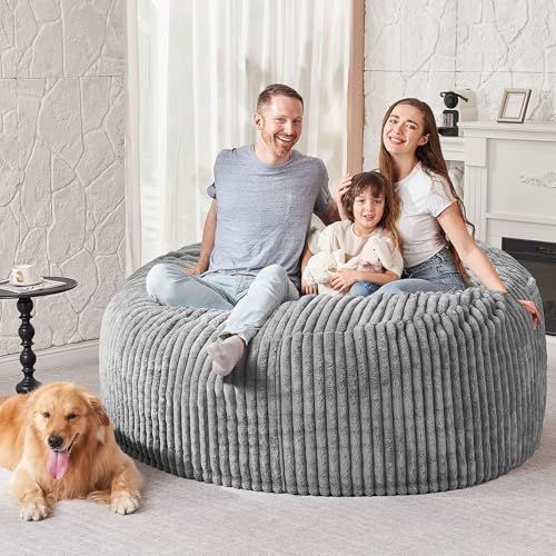 Image of HABUTWAY 5FT Bean Bag Chair, 5' Large Bean Bag Chairs for Adults with Removable Stripe Plush Cover, Memory Foam Beanbag Chair for Living Room Bedroom Dorm (Grey)