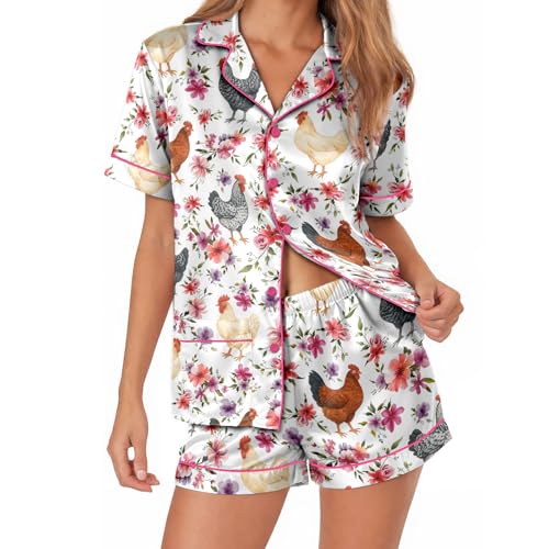 Image of Women's satin pajamas set, Short-sleeve button down Loungewear | Exclusive print on soft satin fabric; breathable comfort for sleep or lounge; button front top, elastic shorts; easy care