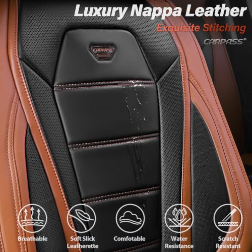 Image of CAR PASS Nappa Leather Car Seat Covers Full Set Faux Leather,Black Brown | Luxury Nappa Leather,360 Full Protection,Water resistant,3D Foam Comfort,Universal Fit for Most Cars SUV Truck,Scratch proof