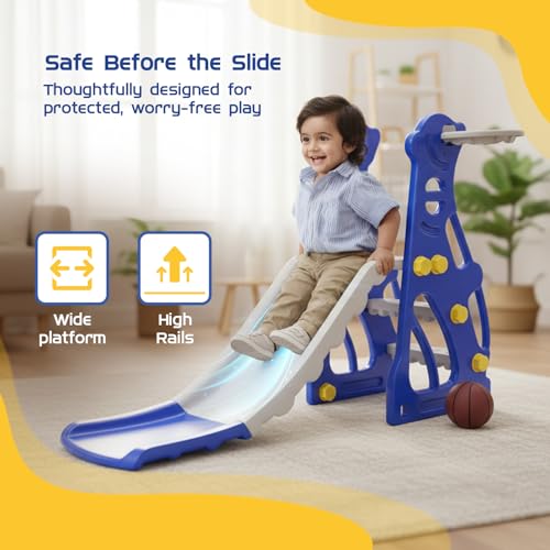 Image of Amazon Brand - Solimo Penguin Slide for Kids 2-5 Years | Indoor & Outdoor | Basketball Hoop & Ball | Anti-Slip Steps | Wide Platform | Max Load 20kg | Blue & White