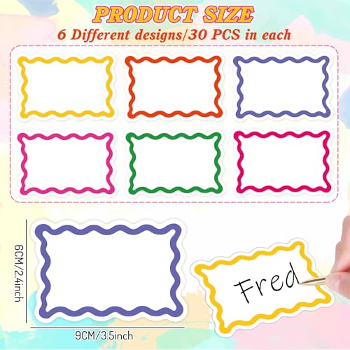 Image of Whaline 180Pcs 3.5 x 2.4 inch Colorful Wavy Scalloped Border Name Tag Stickers Colorful Self-Adhesive Nameplate Decal Blank Name Badge Label for School Classroom Gift Office Conference Desk Decor