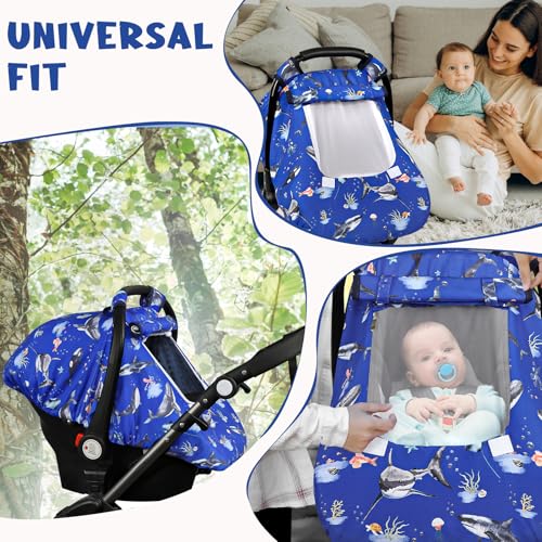 Image of Pea Pod Car Seat Cover Baby, Infant Car Seat Canopy Covers for Newborn with 2 Layers Windows of Breathable Mesh Fabric, Lightweight Polyester /Soft Minky Dot Backing (Ocean)