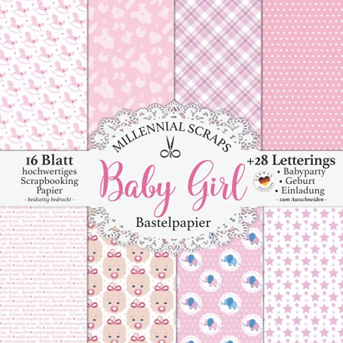 Baby Girl Bastelpapier: Scrapbooking Papier & Zubehör Rosa Pink Grau I Dekor für Babyshower, Geburt, Einladung Basteln I Letterings zum Ausschneiden I Geschenk für DIY und Bastelfreunde
