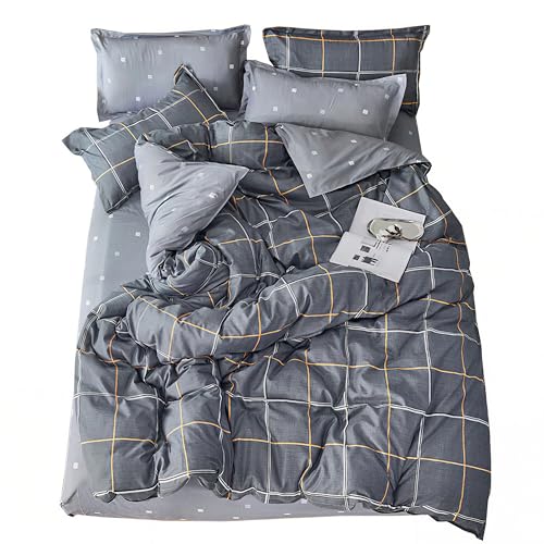 ED-Lumos Funda nórdica Juego de Ropa de Cama 4 Piezas Cama 105cm Funda de edredón 180x220cm Sábana encimera 230x230cm Funda de Almohada 48x74cm Poliéster Microfibra A Cuadros Gris