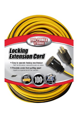 Coleman Cable 02539 12/3 Push-Lock SJTW Locking Extension Cord, 100-Foot