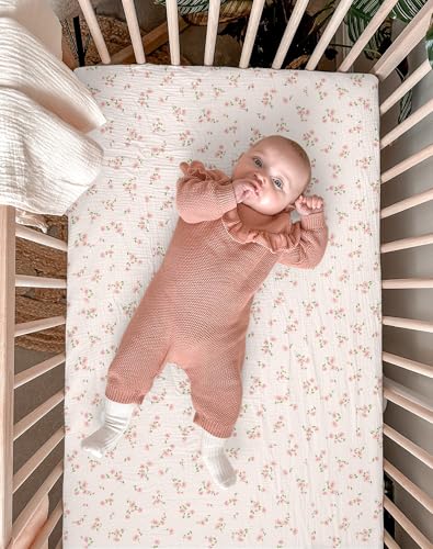 Image of Pack and Play Sheets for Baby Boy and Girl 2 Pack, Neutral Muslin Cotton Pack N Play Mattresses Sheet 27 inchx39 inch, Muslin Nursery Bedding Soft and Breathable Comfort (Rosy)