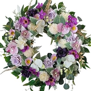 22 Artificial Flower Wreath SpringSummer Floral Wreaths for Front Door with Roses Orchid Gardenia Dahlia Full and Elegant Decor for Inside Outside Wall Window Festival Party Wedding White Purple