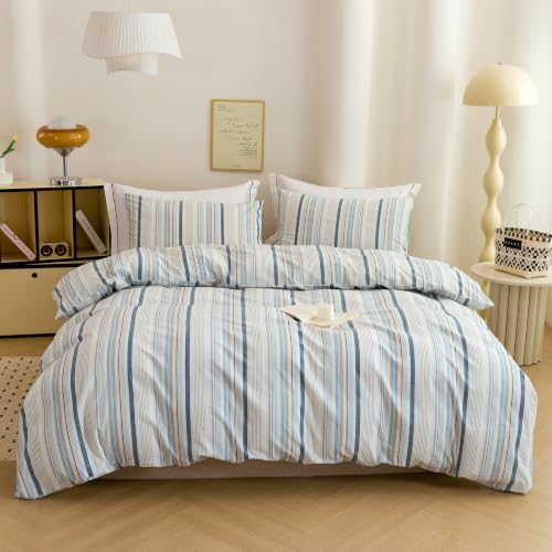 Image of Blue Striped Duvet Cover Bedding Set 100% Washed Cotton Linen Like King
