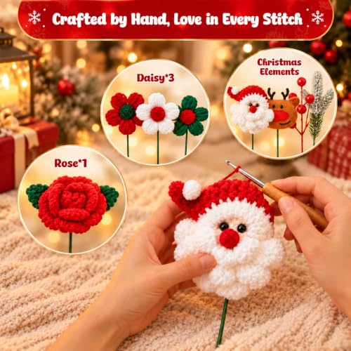 Image of Christmas Crochet Flower Bouquet with Santa & Reindeer, Handmade Xmas Gift