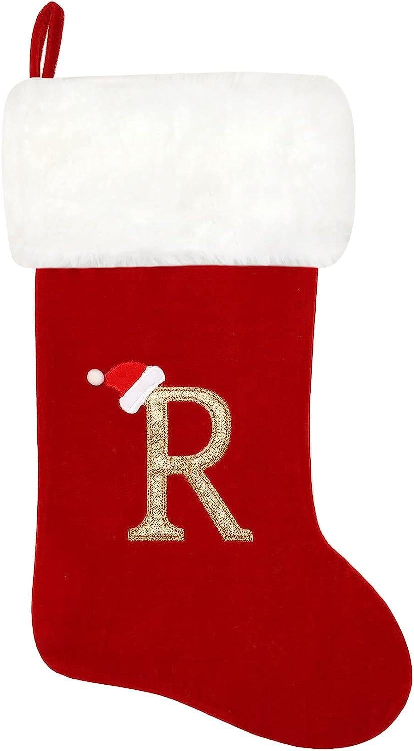 SherryDC 20 Inches Monogram Christmas Stockings Letter R, Soft Velvet Plush Cuff Embroidered Xmas Stockings Decorations for Family Holiday Season Decor