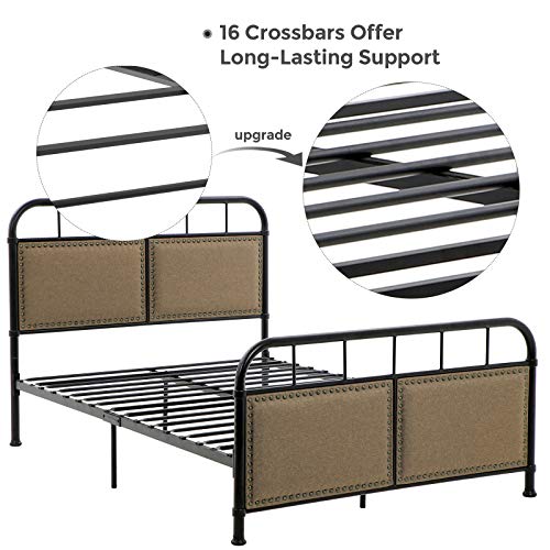 Image of VASAGLE Queen Size Metal Bed Frame with Headboard, Footboard, No Box Spring Needed Platform bed, Under-Bed Storage, Vintage Industrial Style, Brown and Black URMB024BE