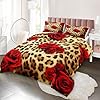 MOVE OVER Leopard Comforter Set California King Red Rose Flower Bedding Set 4 Pieces Cheetah and Rose Flower Printed Design Romantic Comforter Set for Women and Female Leopard Printed Bedding Set #1