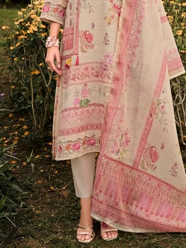 Image of INDO ERA Women's Straight Linen Floral Printed Kurta & Pant with Dupatta Set | Kurta Sets For Woman