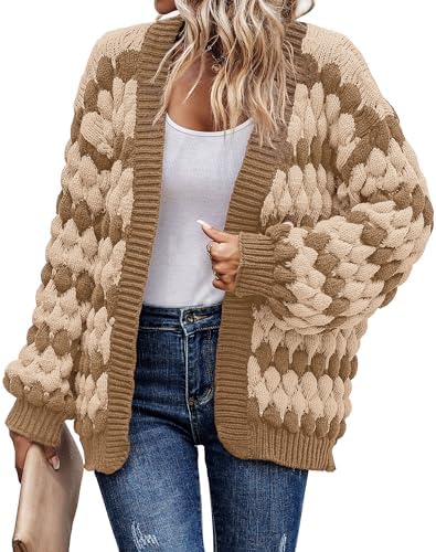 KIRUNDO Womens Cardigan Chunky Fall Fashion Lantern Sleeve Open Front Striped Color Block Cable Knit Winter Sweater Coats