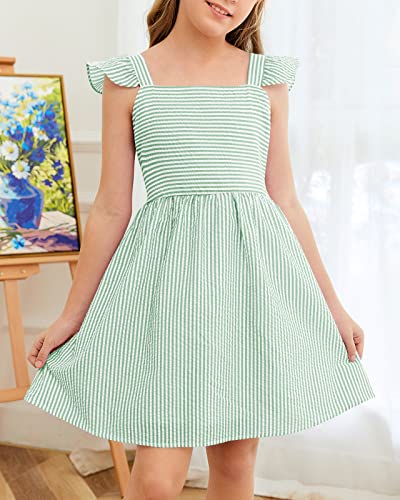 Saodimallsu Girls Sundress Striped Sleeveless Summer Dress Lined For Kids Spring Outfits Ruffle Sleeve Green 5-6 Years #TOP2