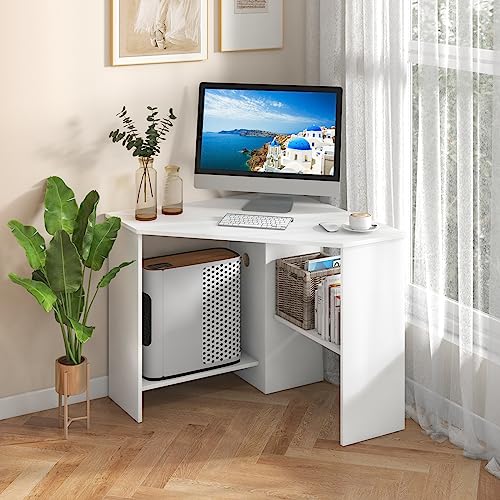 IFANNY Corner Computer Desk, 90 Degrees Triangle Desk w/Shelves & CPU Stand, Compact Vanity Makeup Table with Storage, Corner Desks for Small Spaces (White, 33.5'')