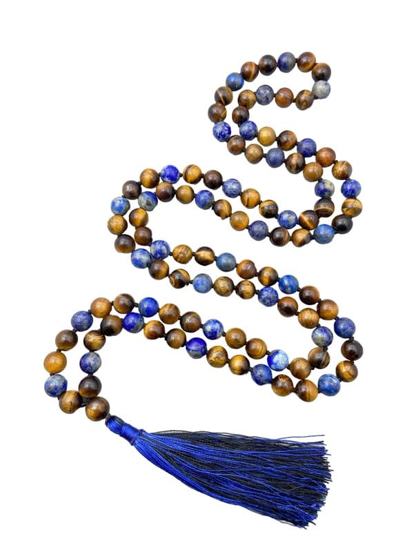 Collier Japa Mala 108 perles naturelles lapis-lazuli oeil de tigre 8mm