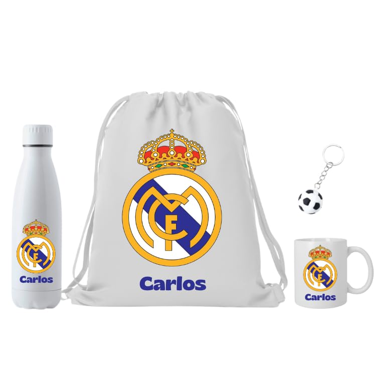 Genérico Lote Escudo de futbol Real Madrid   Personalizado con nombre   Mochila + botella + taza + llavero   Regalo Real Madrid para fans   Regalo original