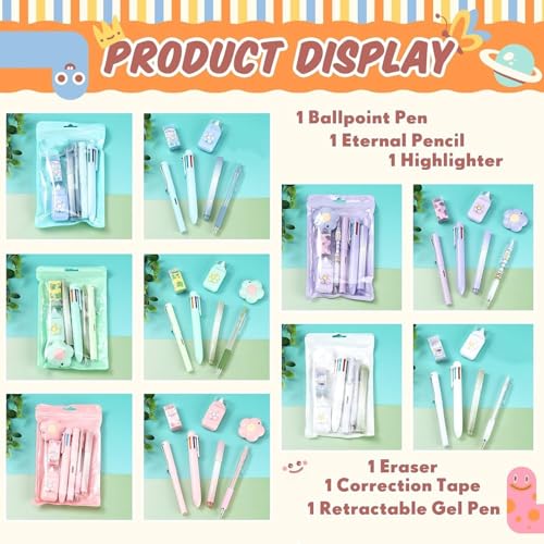 Image of SAMVARDHAN 7 Pcs Cute Purple Stationery Set Kawaii School Supplies Office Supplies Including Ballpoint Pens Pencil Sharpener Highlighter Correction Tape Ruler (Pink)