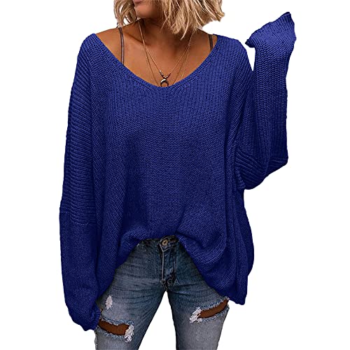 Image of BZB Women's V Neck Long Sleeve Knit Loose Oversized Pullover Sweater Top