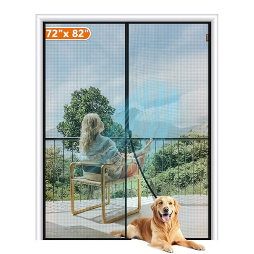 Image of MAGZO Magnetic Screen Door Fit Door Size 72 x 82 Inch, Screen Size 74 inch x 83 inch Strong Magnet French Style Mesh, Heavy Duty Fiberglass Mesh with Hook & Loop for Sliding Entrance, Gray
