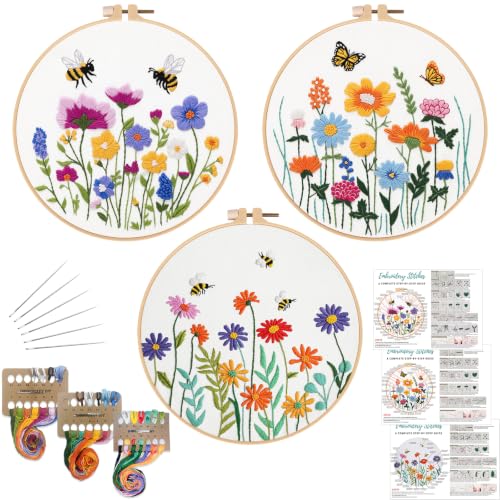 Image of Louise Maelys 3 Pack Floral Embroidery Kit for Beginners, Garden DIY