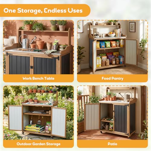 Image of PetsCosset Potting Bench with Storage, Mobile Outdoor Cabinet with Wheels