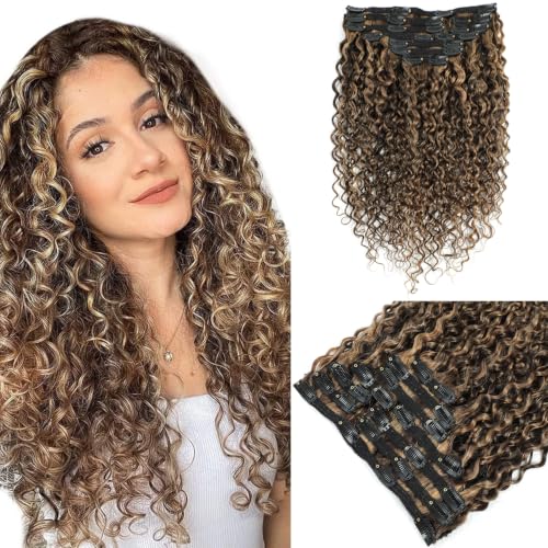 Urbeauty Natural Curly Hair Extensions Clip in Human Hair Triple Weft Clip in Hair Extensions Wavy Hair Brown Highlighted Blonde Natural Curly Clip in Human Hair Pieces 10Pcs 120Gram Clip Ins 4/27