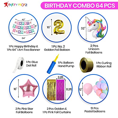 Image of Party Propz Unicorn Theme Birthday Decoration Kit - 66 Pcs Combo for 2nd Birthday Decorations for Girls with Pastel Balloons, Unicorn Foil Balloons, Number 2 Balloon, Banner & Curtains