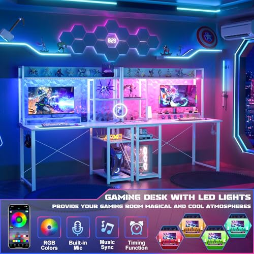 Image of Cyclysio Gaming Desk with Hutch, 39'' Computer Desk with LED Lights & Power Outlets, Home Office Desk with Reversible 5 Tiers Storage Shelves & Monitor Stand, Small Gaming Table for Small Space, White