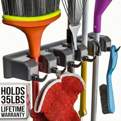 Image of Broom Holder Wall Mount, Mop and Broom Organizer - Wall Mounted Broom Rack & Mop Rack, Rack for Brooms and Mops | Broom Hanger Wall Mount with 5 Slots & 6 Hooks, Kitchen Garage Laundry Garden