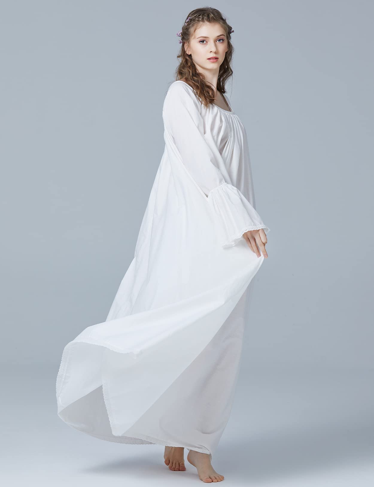 BEAUTELICATE Viktorianisches Nachthemd Langarm 100% Baumwolle Lang Nachtkleid Für Damen Braut Hochzeit Loses Retro Nachtwäsche Elfenbein