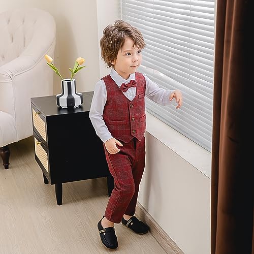 Image of Kimocat Boys 3Pcs Clothing Sets Elegant Long Sleeve Shirts + Vest with Flower+Pants Party Suit