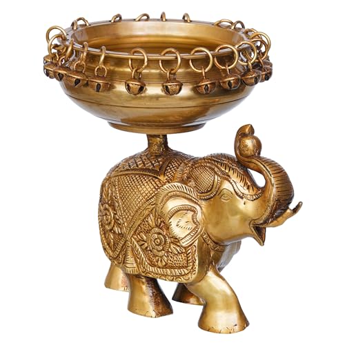 Image of eCraftIndia Golden Brass Urli on Elephant Statue with Bells| Urli for Floating Flowers Decorative Showpiece Brass for Home Decor Office | Diwali Decoration Items | Gift for Housewarming Birthday