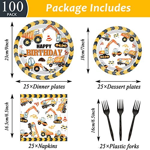 Image of 100 Pcs Construction Birthday Party Plates and Napkins Set Dump Truck Birthday Party Decorations Supplies Construction Tableware Construction Themed Party Favors for Boys Birthday Serves 25