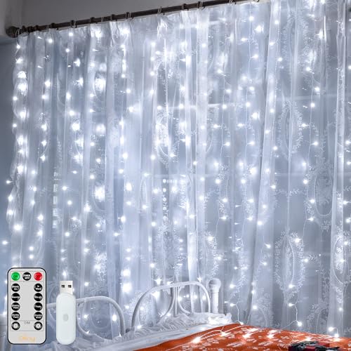 Ollny Curtain Lights 6.6ft x 6.6ft 192 LEDs Cool White Window String Fairy Lights USB Powered with 8 Modes Remote...