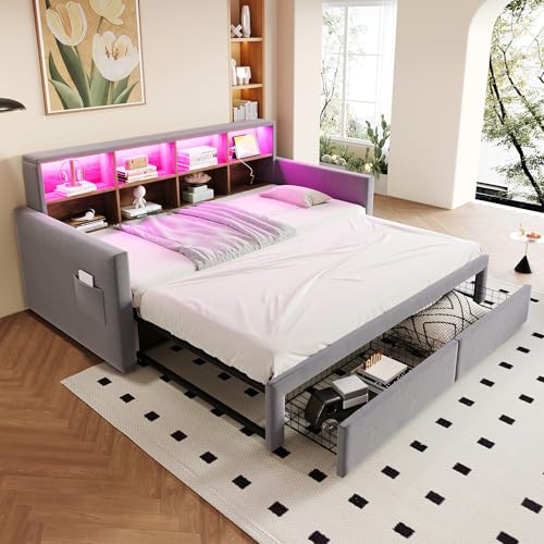 TIZZ Sofá cama tapizado 90/180 x 190 cm, cabecero con compartimentos de almacenamiento integrados, barra de luz LED y enchufes de carga, dos cajones y somier, tela de terciopelo, color gris claro