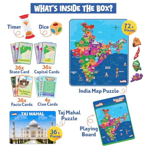 Image of Roll N Seek India Map - Educational Board Game & Puzzle | Learn Indian Sate, Capital and Interesting Facts| State Shaped Puzzle (72 pcs)| Return & Birthday Gift for Boys & Girls Age 6-12 yrs