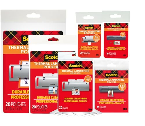 3M Thermal Laminating Pouch Variety Pack, 110 Assorted Clear Pouches (6 Sizes, from Small ID 2.52' x 4.25' to Letter 9' x 11.4'), 3 mil & 5 mil for Documents...