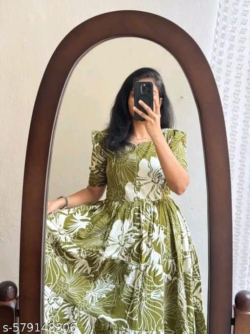Image of Women's Rayon A-Line Midi Dress, Floral Print, Short Sleeves, Round Neck, Tiered Design