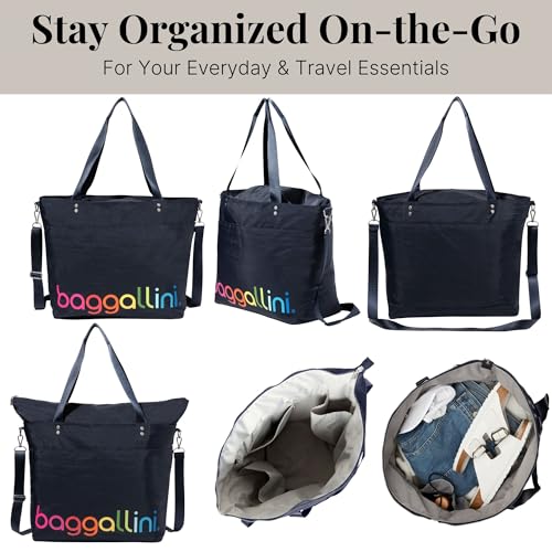 Image of Baggallini Carryall Tote - Lightweight Nylon Zipper Top Weekender Travel Beach Bag w /Luggage Sleeve